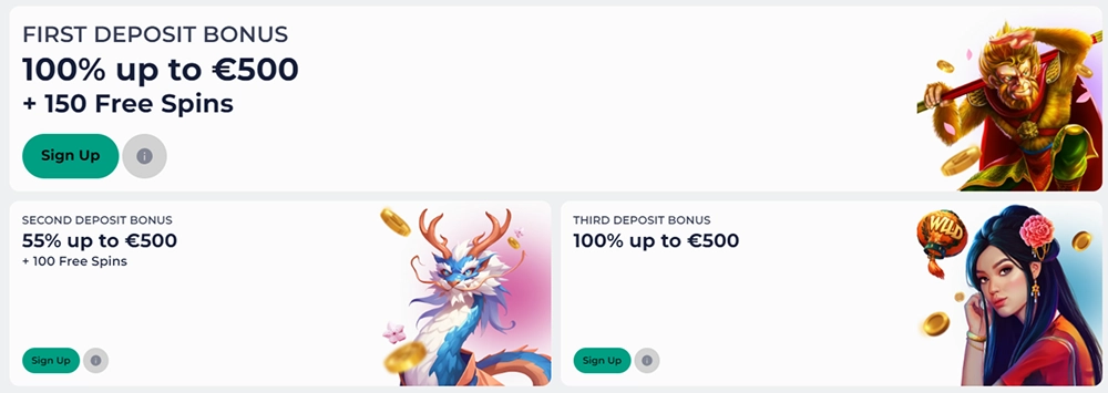 Kinghills Casino welcome bonus with three deposit offers up to €500 and 250 free spins