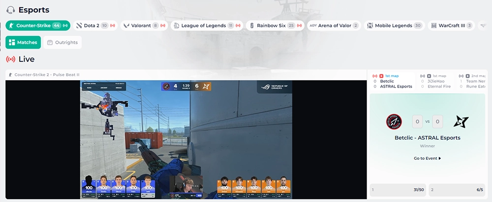 Kinghills Casino esports section with live Counter Strike betting