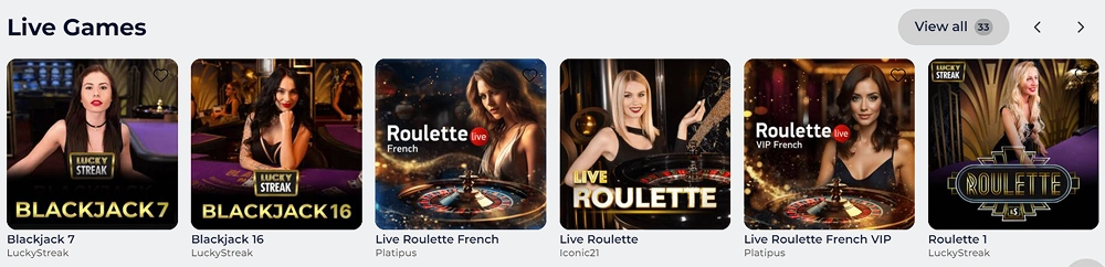 Kinghills Casino live games section with blackjack and roulette tables
