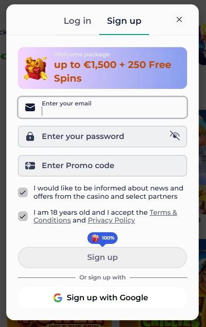 Kinghills Casino sign up form with €1,500 bonus and 250 free spins