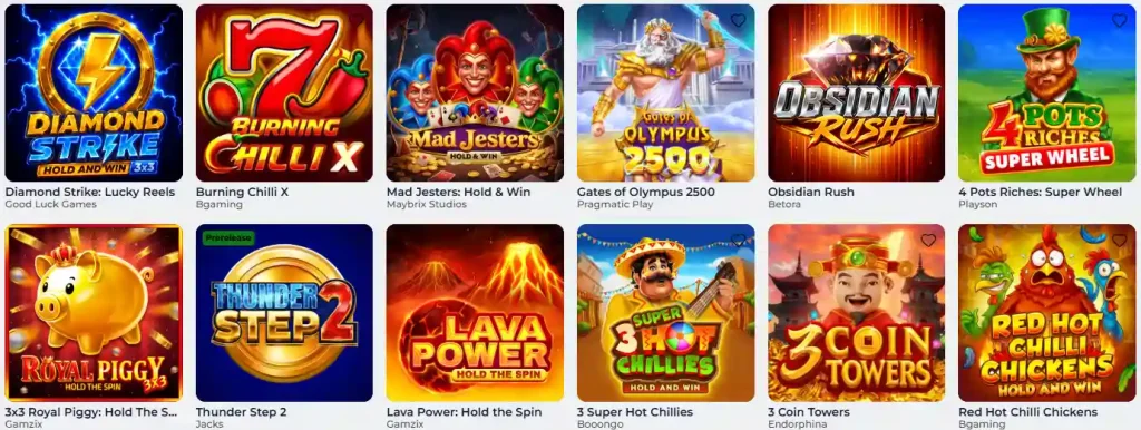 Kinghills Casino slot games selection with Diamond Strike, Gates of Olympus and other titles